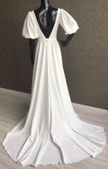 Elegant A-Line Wedding Dress Square Collar Short Puff Sleeve Open Back Bow Pearls Bridal Gown Floor-Length Vestido De Noiva