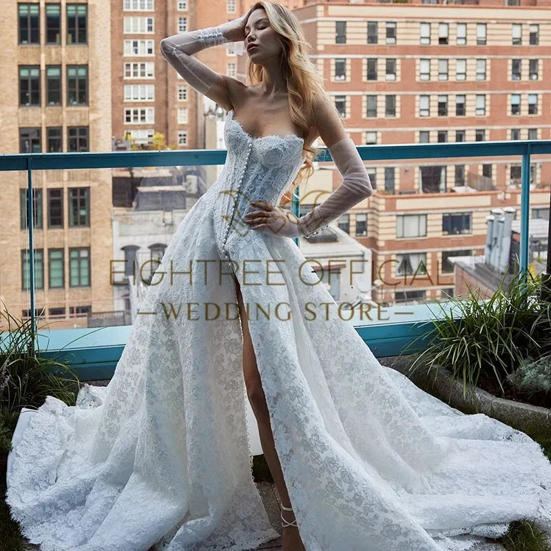 Women A-Line Wedding Dresses White Sweetheart Lace High Split Wedding Gowns Boho Bridal Ball Prom Dress Custom Made