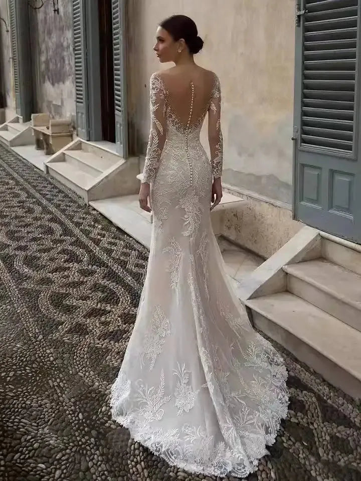Long Sleeve Mermaid Wedding Dress Sexy Deep V-neck Lace Applique Bridal Dress Vestido De Noiva Plus Size Made Custom