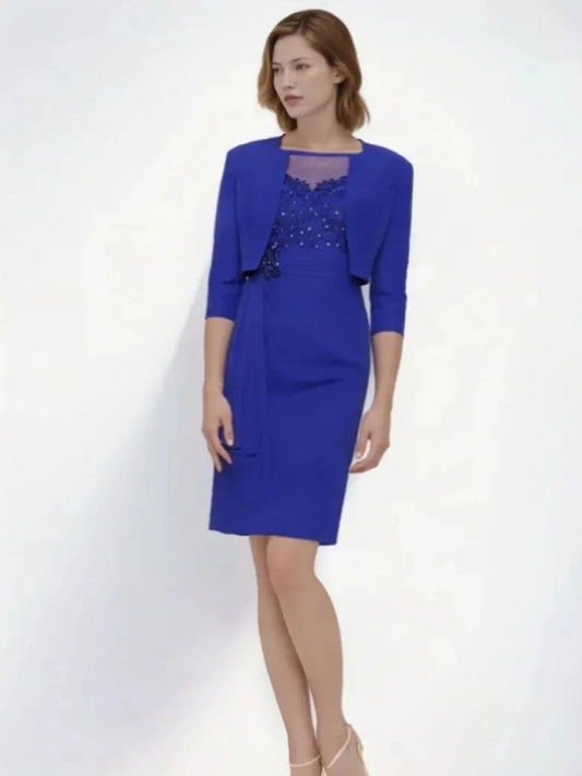 Mother Of The Bride Dress - Elegant Sheath Formal Gown Chiffon Half Sleeve Bateau Neckline Knee-Length Jacket Pleated Beading Prom Gown 2025 Free Customized