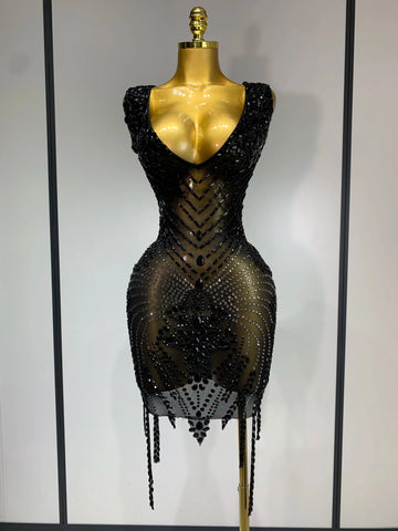 Women Sexy Stage Performance Outfit Sparkly Rhinestones Bodycon Dress Birthday Celebrate Evening Party Nightclub Mesh Dress black