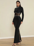 2025 Spring Women Bead Design Bandage Long Dress Stand Collar Long Sleeve Chiffon Patchwork Bodycon Dress Evening Party Vestidos