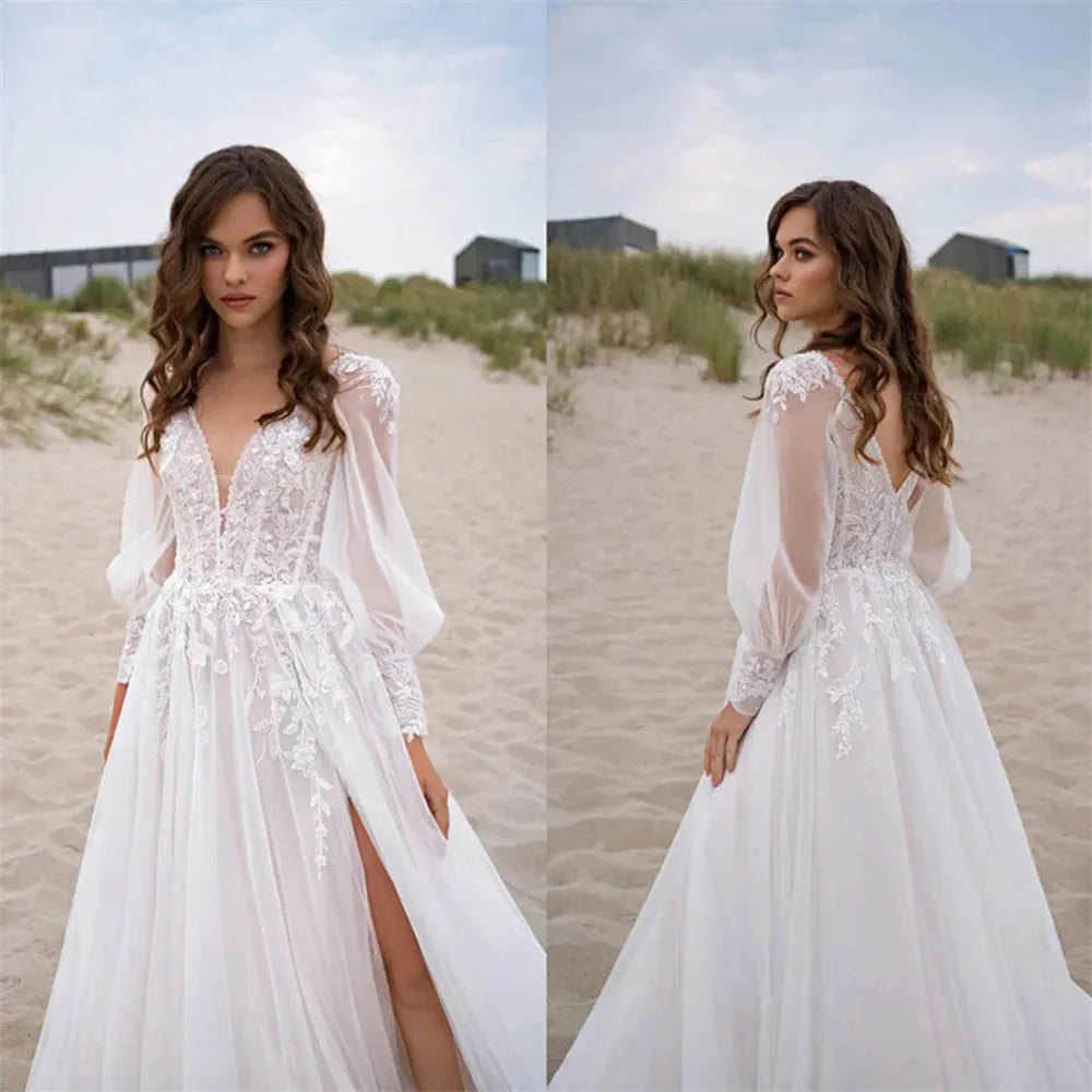 Bella White Tulle Prom Dresses Lace Embroidery A-line Wedding Dress Elegant Long Sleeves Floor-Length Vestidos De Fiesta