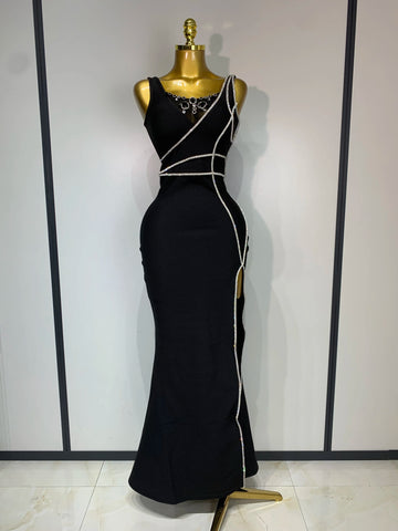 New Women Sexy Beading Black Maxi Long Bandage Dress Luxury Birthday Dresses Evening Club Party Knitted Bodycon Clothing black