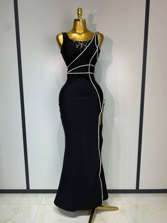 New Women Sexy Beading Black Maxi Long Bandage Dress Luxury Birthday Dresses Evening Club Party Knitted Bodycon Clothing black