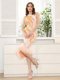 2025 Elegant Women's Feather Patchwork Design Dress O-neck Sleeveless Bodycon Color blocked Midi Dresses Evening Party Vestidos