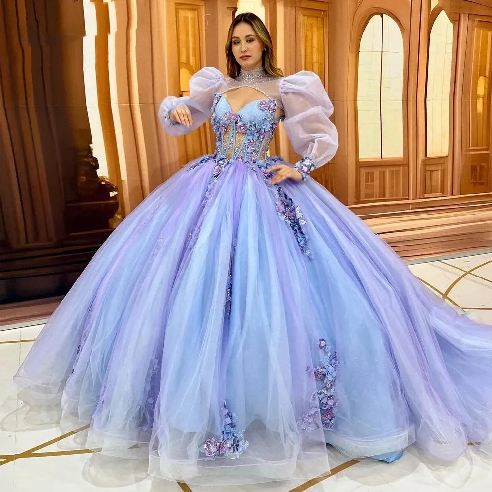 Light Blue Quinceanera Dresses Long Sleeve Royal Blue Quinceanera
