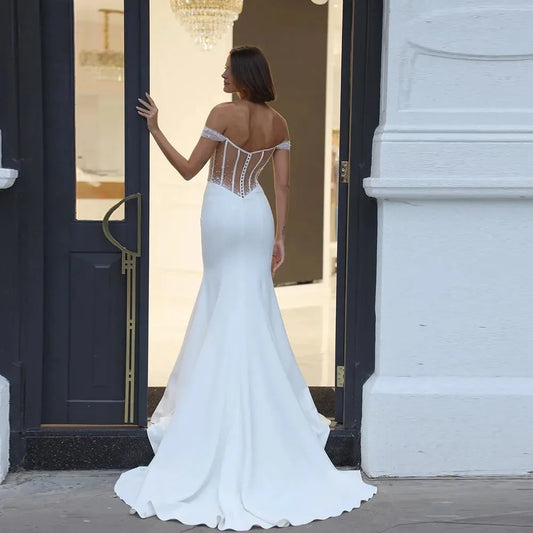 Classic Off Shoulder Sleeves V Neck Wedding Dresses Mermaid Sweep Bridal Growns Hollow Pearls Jersey Vestidos De Novia
