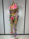 Sparkly Rhinestones 3D Flower Mesh Transparent Jumpsut Women Sexy Evening Party Birthday Nightclub Performance Stage Costume