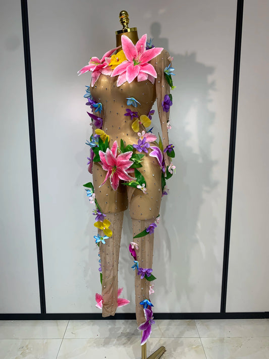 Sparkly Rhinestones 3D Flower Mesh Transparent Jumpsut Women Sexy Evening Party Birthday Nightclub Performance Stage Costume