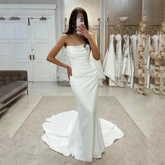 Simple Elegant Satin Mermaid Wedding Dress For Woman Beading Strapleess For Women Elegant Customize To Measures White