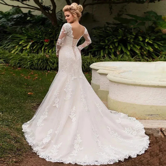 Long Sleeve Lace Mermaid Wedding Dress Summer Backless Lace Applique Bride Dress Vestido De Noiva Plus Size Made Custom
