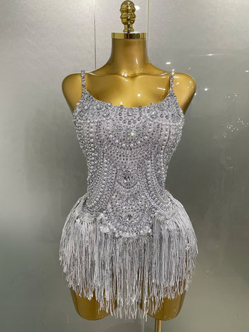Sparkly Silver Rhinestones Pearl Tassels Bodysuit Women Sexy Eveing Birthday Party Nightclub Stage Performance Costume Silver