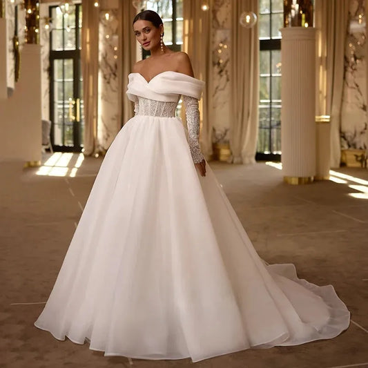 A-Line Wedding Dresses Off The Shoulder Long Sleeves Long Bridal Dress Elegant Wedding Prom Ball Gowns Customized White