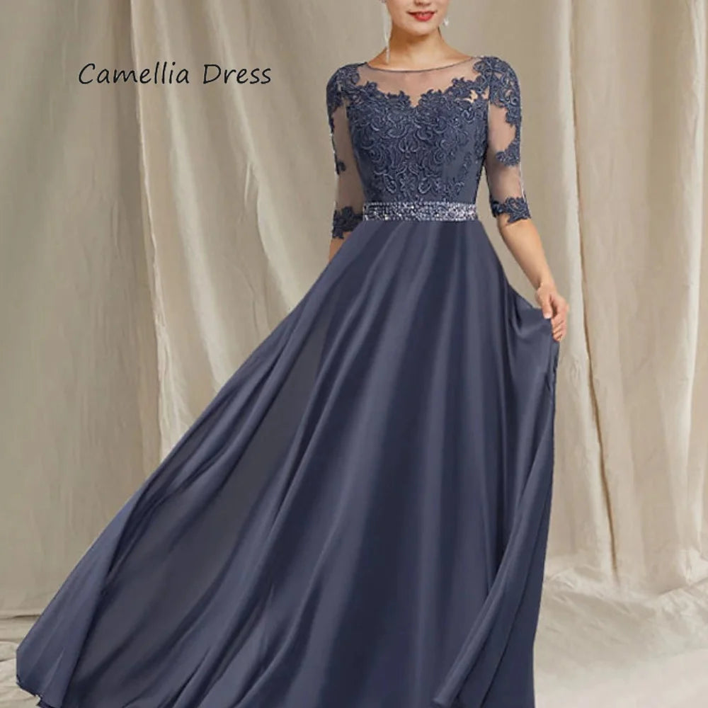 New Formal Chiffon Elegant Lace Mother Of The Bride Dress A Line Boat Neck Floor Length Wedding Party Gown Vestidos De Novia