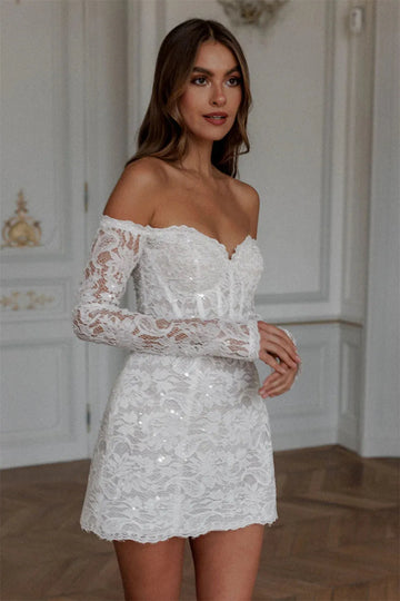 Bella White Mini Prom Dresses Off the Shoulder Lace Appliques Wedding Dress Elegant Lace-up Back Vestidos De Fiesta As Picture
