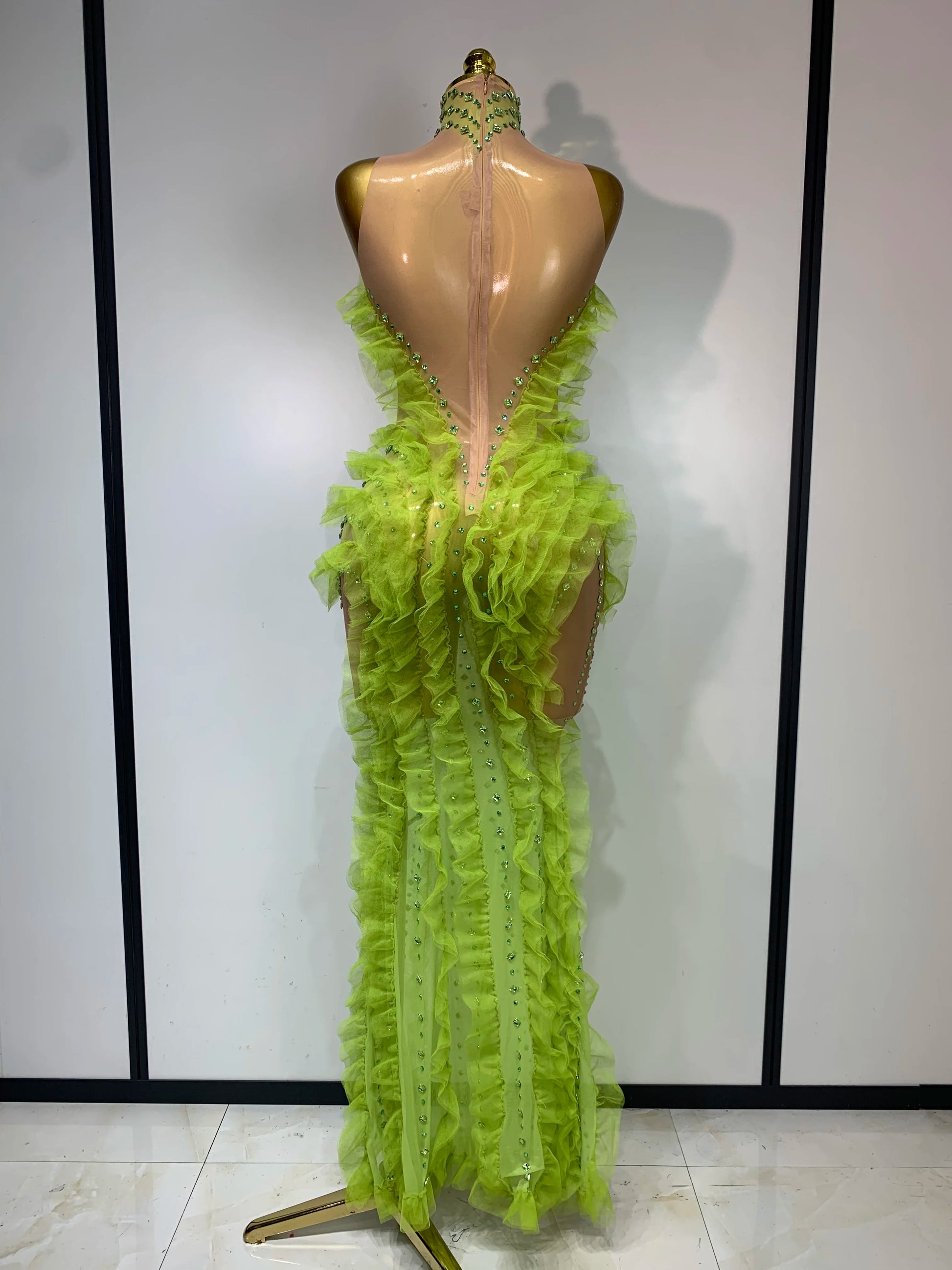 Sparkly Green Rhinestones Mesh Sheer Ruffle Maxi Long Dress Celebrate Birthday Eveing Party Nightclub Stage Performance Costumes