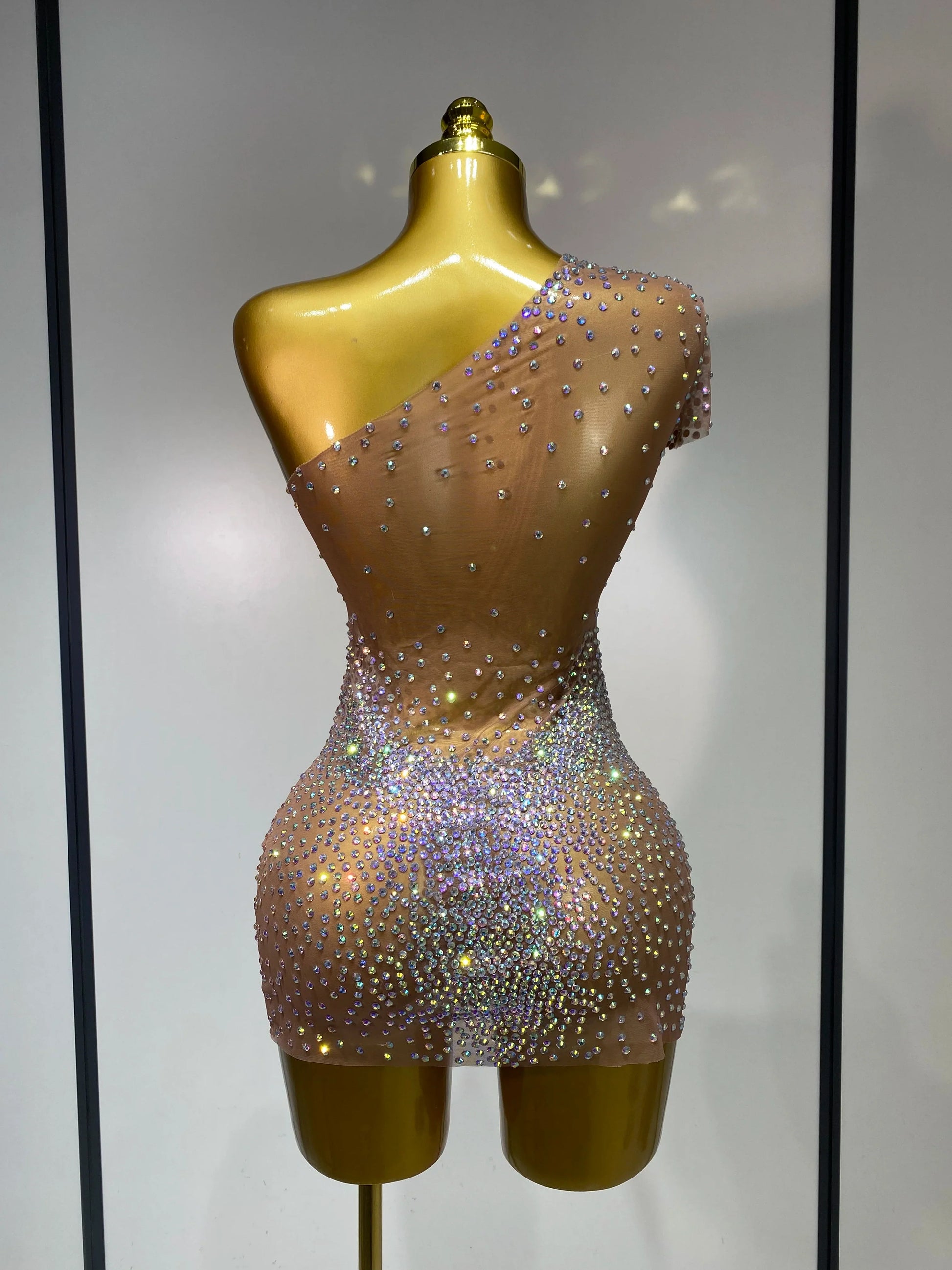 Sparkly Rhinestones Women Sexy One Shoulder Bodycon Mini Dress Mesh See Through Celebrate Nightclub Party Birthday Stage Outfit