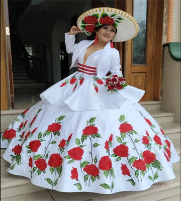 Customized Mexican Charro Quinceanera Dress With Jacket Two Pieces Short Vestio De 15 Año Para Xv Embroidery 2 in 1 Birthday WHITE