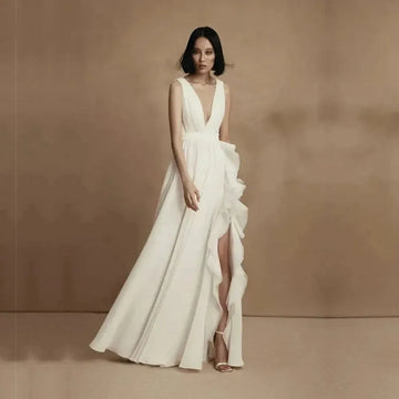 Elegant Chiffon Wedding Dresses A-Line V-Neck Bridal Gowns For Formal Party Sexy Side Slit Robes Vestidos De Novia As Picture