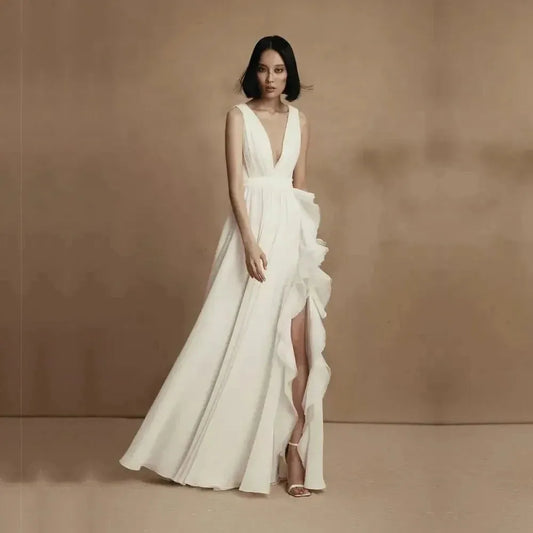 Elegant Chiffon Wedding Dresses A-Line V-Neck Bridal Gowns For Formal Party Sexy Side Slit Robes Vestidos De Novia As Picture