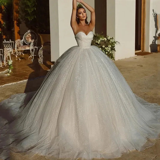 Luxury Sparkle Wedding Dresses Woman's A Line Sleeveless Sweetheart Ball Gowns Fuffy Organza Formal Bride Party Vestidos Ivory