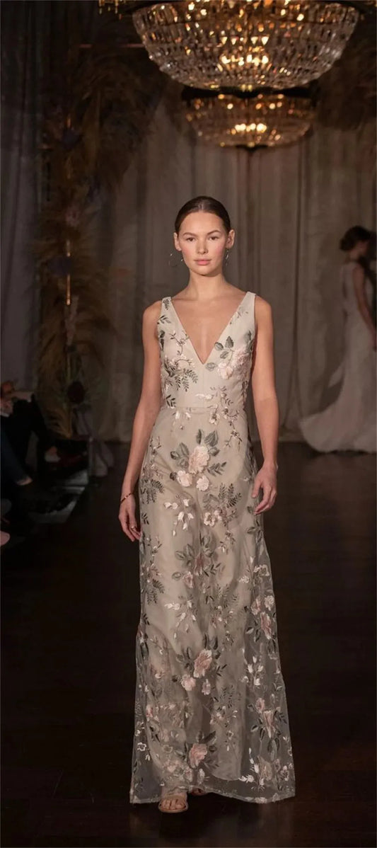 Lace Embroidery V-neck A-line Prom Dress Elegant Sleeveless Classical Cheongsam Robes De Soirée
