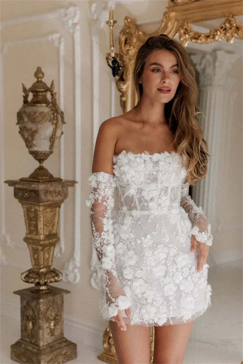 White Mini Prom Dresses Flower Lace Embroidery Evening Dress Elegant Off Shoulder Detachable Sleeves vestidos de fiesta