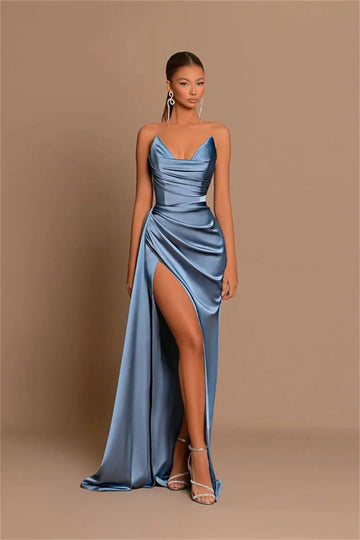 Blue Mermaid Satin Prom Dresses Strapless Side Split Wedding Dress Elegant Sleeveless Floor-Length Vestidos De Fiesta As Picture