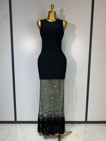 Fashion Black Sleeveless Sparkly Diamonds Tassel Bandage Dress Celebrity Cocktail Evening Party Luxury Birthday Gown black