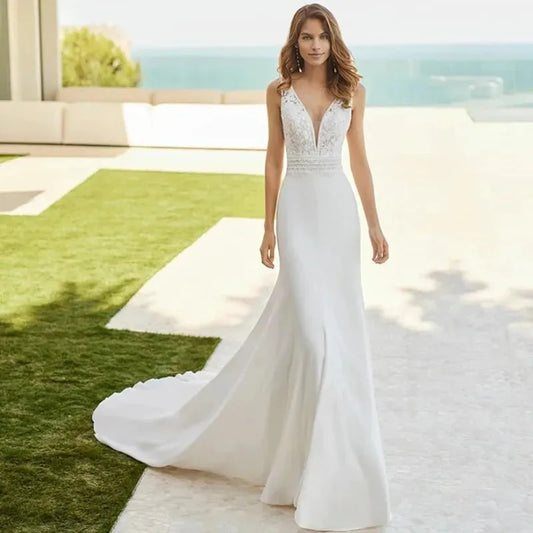 Boho V-Neck Lace Wedding Dress Mermaid Fashion Backless Sleeveless Bride Gown For Bride With Train Pleats Vestido De Novia Floor Length