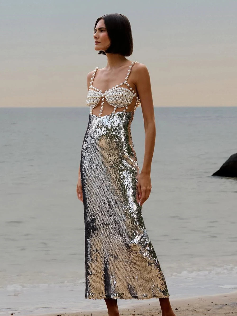 New Women Summer Sexy Backless Pearl Beads Diamonds Silver Sequin Midi Bodycon Dress 2025 Elegant Evening Party Gowns Vestido
