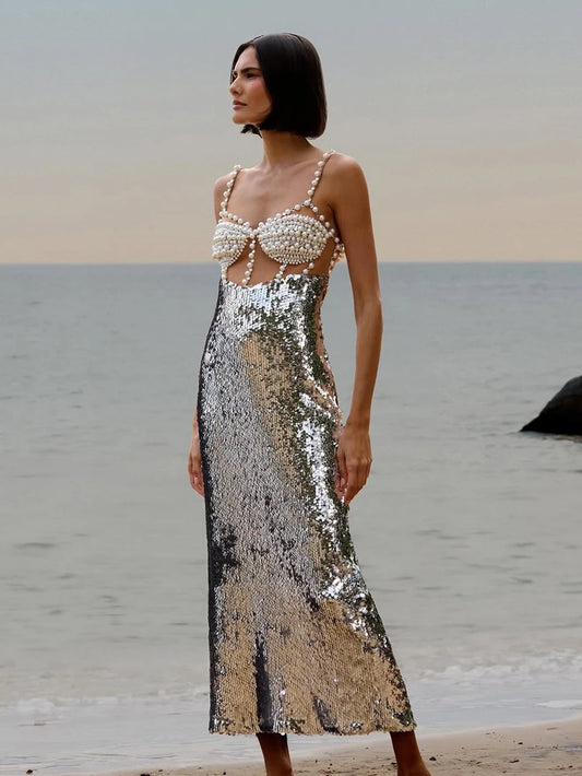 New Women Summer Sexy Backless Pearl Beads Diamonds Silver Sequin Midi Bodycon Dress 2025 Elegant Evening Party Gowns Vestido