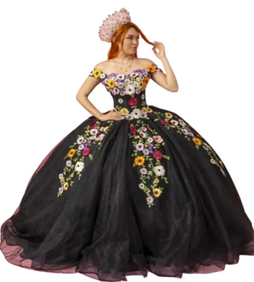 Black Quinceanera Dresses Charro Mexican Coloful Flowers Vestidos De 15 Años Quinceañeras Elegant Birthday Party Gown Customized