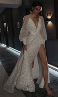 Amanda Sexy Puffy Sleeve Vestido De Novia Bright V-neck Prom Gown Shiny Side Split Prom Dress Flashing Puffy Sleeve