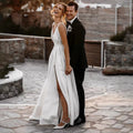 Sexy Deep V-Neck Wedding Dresses A-Line Split Satin Sleeveless Modern Belt Bride Gowns Pleats Zipper Vestido De Noiva