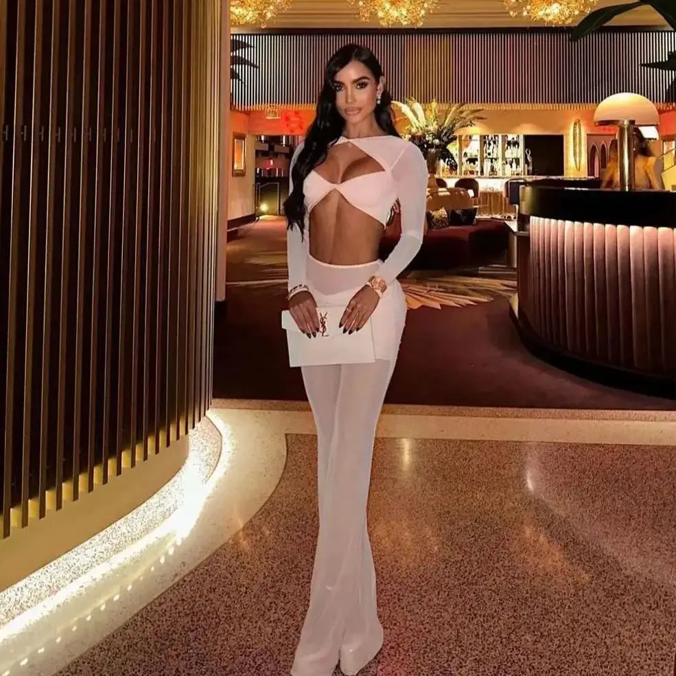 Spring Mesh See Through Women Set Sexy Hollow Out Short Top And Flare