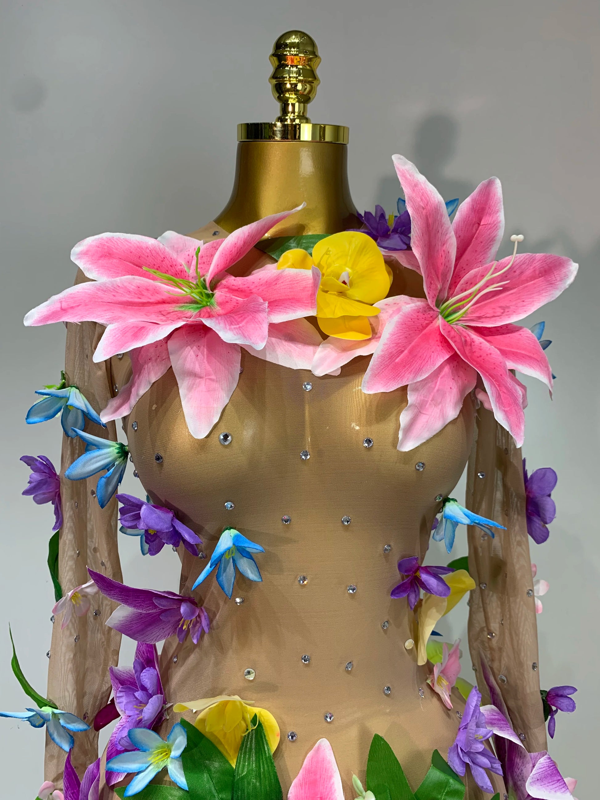 Sparkly Rhinestones 3D Flower Mesh Transparent Jumpsut Women Sexy Evening Party Birthday Nightclub Performance Stage Costume