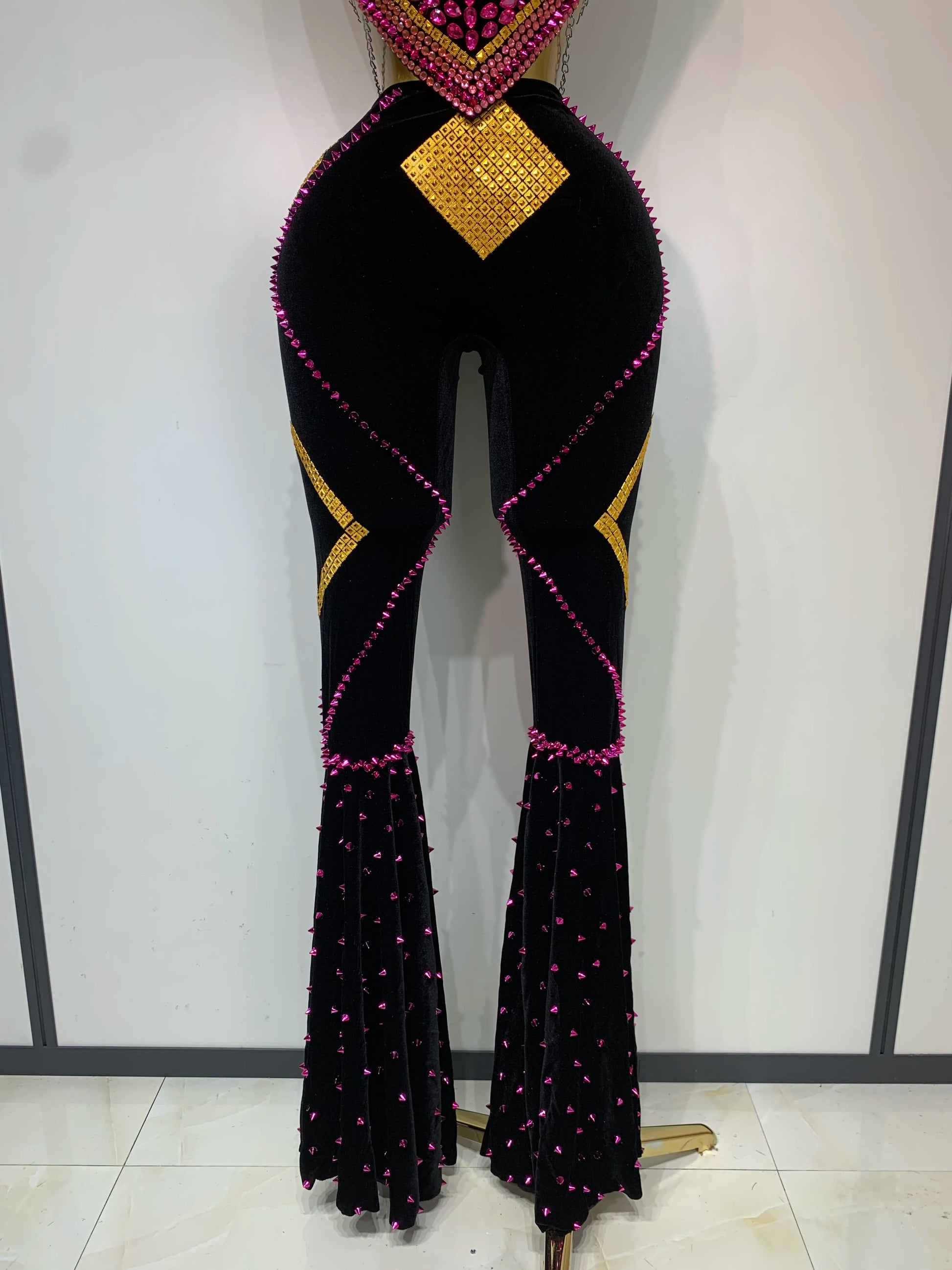 Women Sexy Backless Diamond Rivets Top Two Pieces Set Birthday Celebrate Evening Party Nightclub DJ Stage Performance Costume