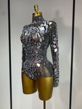 Luxury Rhinestones Mirrors Sexy Sheath Bodysuit Women Nightclub DJ Performance Costume Evening Party Celebrate Stage Wear