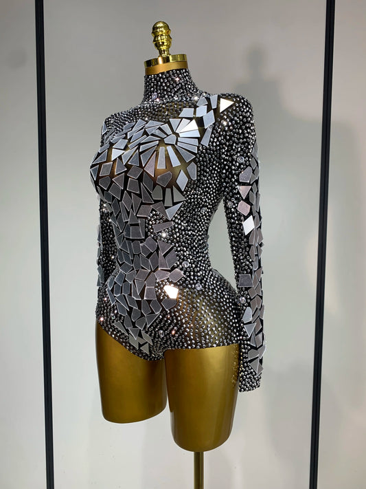 Luxury Rhinestones Mirrors Sexy Sheath Bodysuit Women Nightclub DJ Performance Costume Evening Party Celebrate Stage Wear