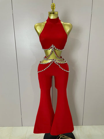 Luxury Rhinestone Red Sexy Cut Out Two Piece Pants Bandage Set Women Celebrity Designer Fashion Women's Set Stage Outfit Red