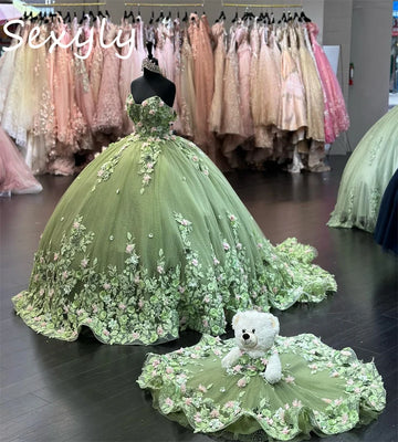 Sparkle Sage Green Quinceanera Dresses Charro Xv Mexican Vestidos De 15 Anos Lace Up 3D Floral Birthday Party Gown Customized green