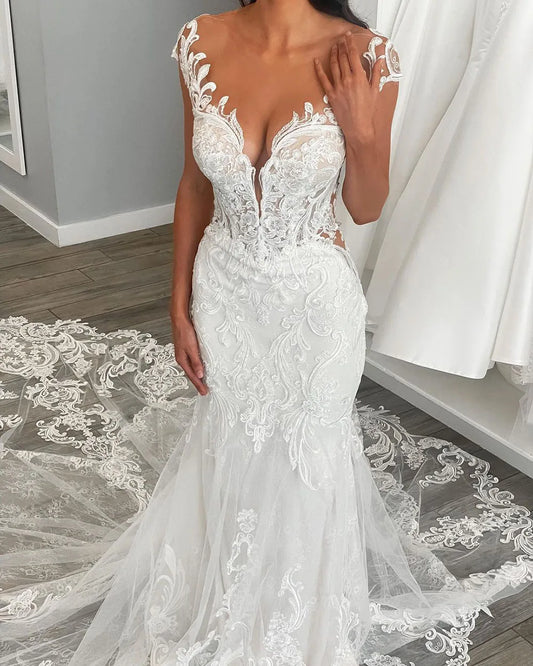 Msikoods Exquisite Lace Mermaid Ivory Wedding Dresses Cap Sleeves Deep V Neck Appliqued Boho Bridal Gowns vestidos de novia