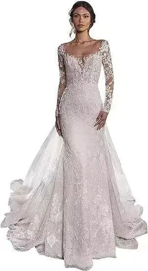 Long Sleeved Elegant Sexy Mermaid Wedding Dress Lace Embroidery Button Bride Dress Vestido De Noiva Plus Size Made Custom White
