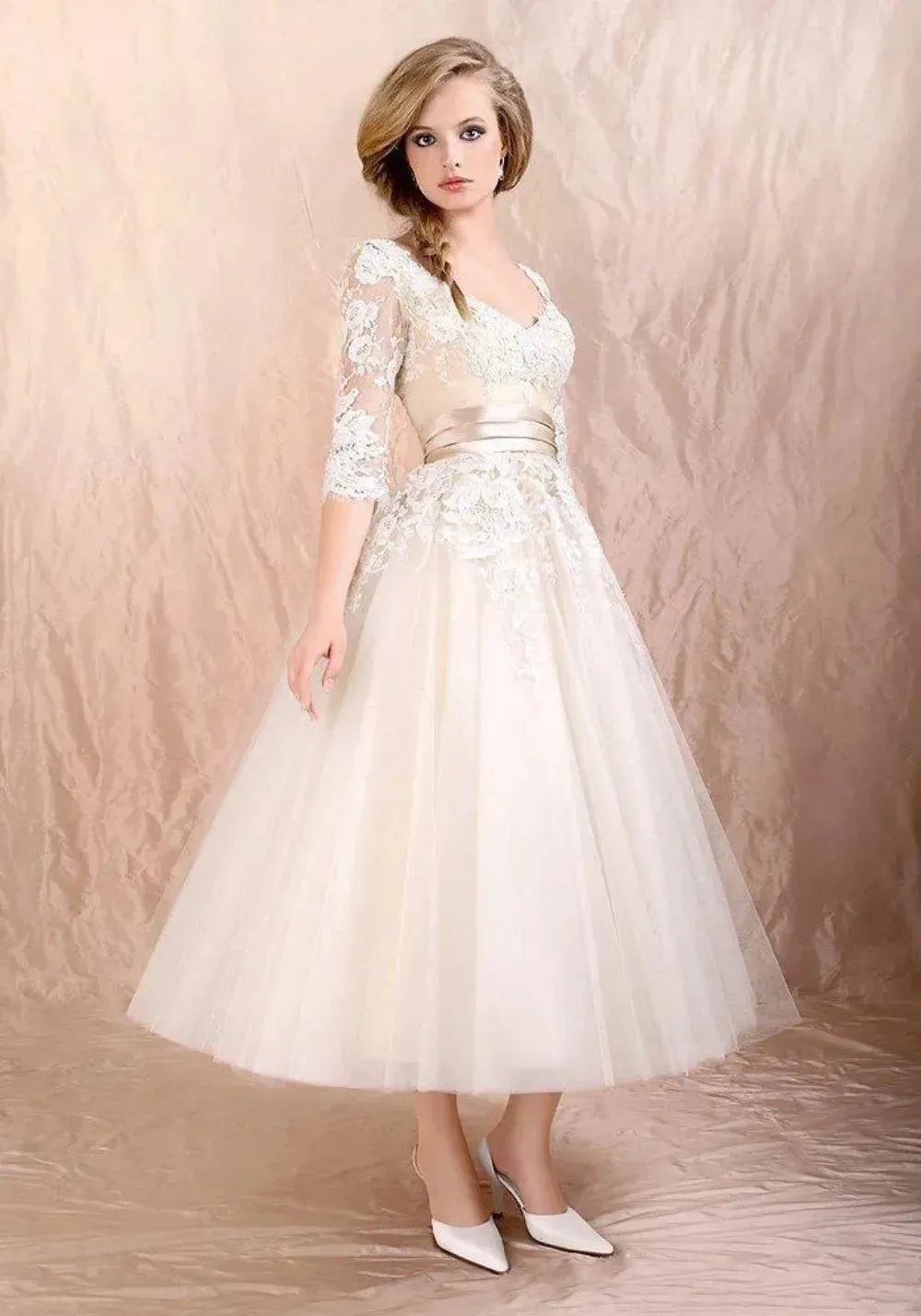 Vintage Ankle-Length Beach Wedding Dresses For Women 3/4 Sleeves Scoop Neck Lace Appliques Tulle A-Line Bridal Party Prom Dress As Picture