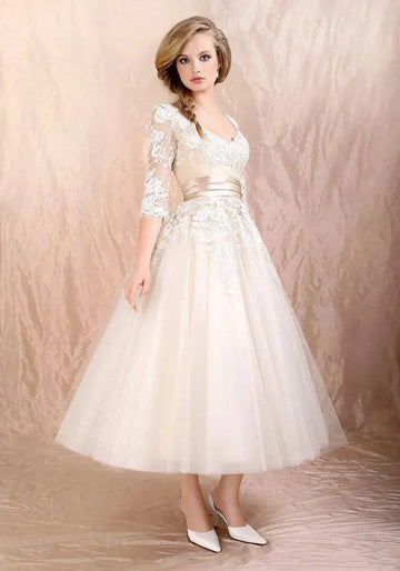 Vintage Ankle-Length Beach Wedding Dresses For Women 3/4 Sleeves Scoop Neck Lace Appliques Tulle A-Line Bridal Party Prom Dress As Picture