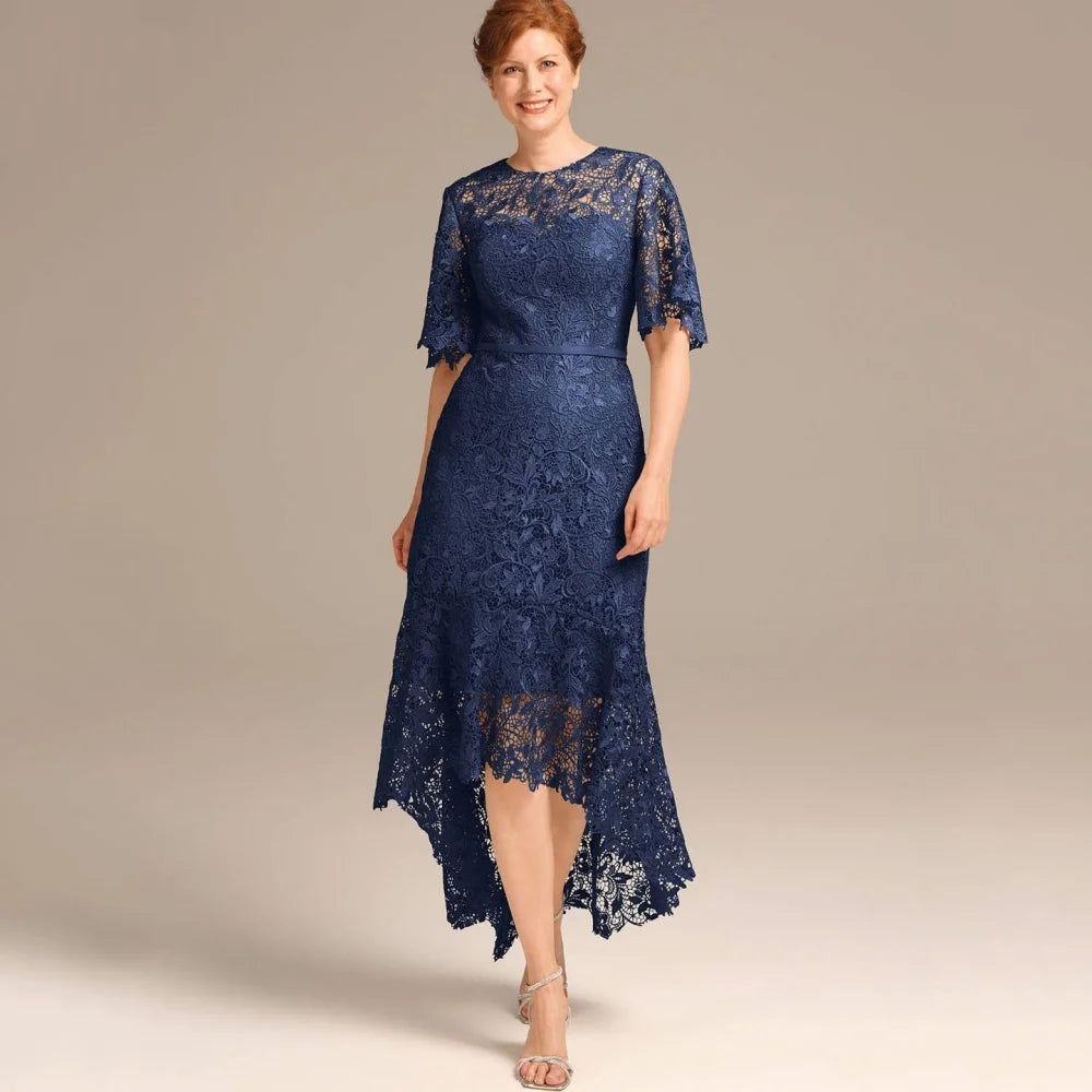 Elegant Customized Vintage Lace Mother Dresses Mermaid O Neck Wedding Party Gown Short Sleeve Mid-calf Length Occasion Dress picture color