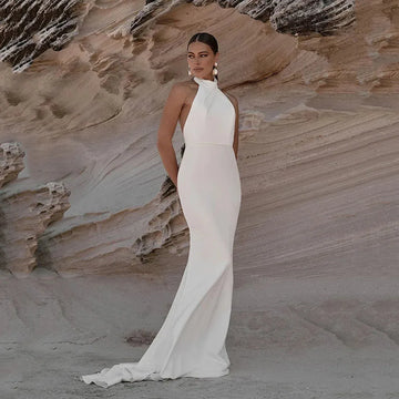 Simple Mermaid Wedding Dresses Halter Boho Wedding Bride Gown Sexy Backless Soft Satin Bridal Dress Robe De Mariee As Picture