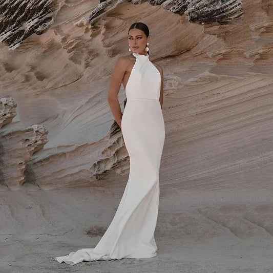 Simple Mermaid Wedding Dresses Halter Boho Wedding Bride Gown Sexy Backless Soft Satin Bridal Dress Robe De Mariee As Picture